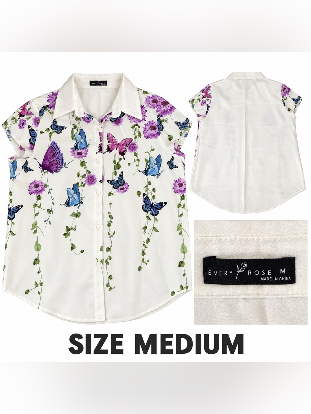 White Floral & Butterfly Short-Sleeve Button Shirt - women